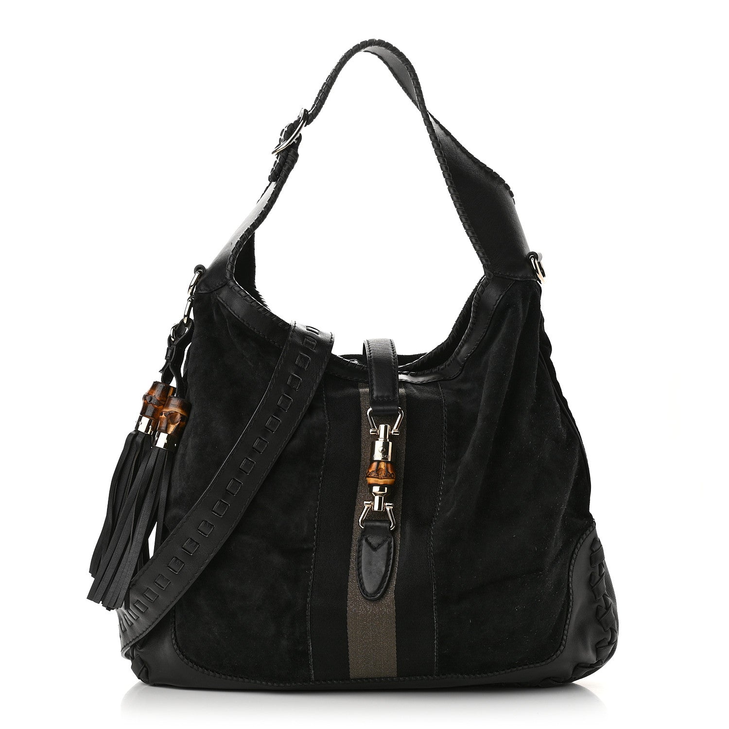 Gucci Calfskin Suede Large New Jackie Web Shoulder Bag Black 1 of 9