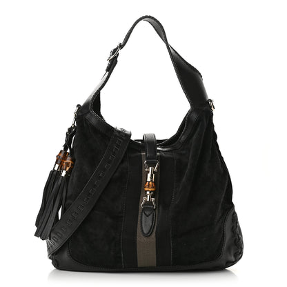 Gucci Calfskin Suede Large New Jackie Web Shoulder Bag Black 1 of 9