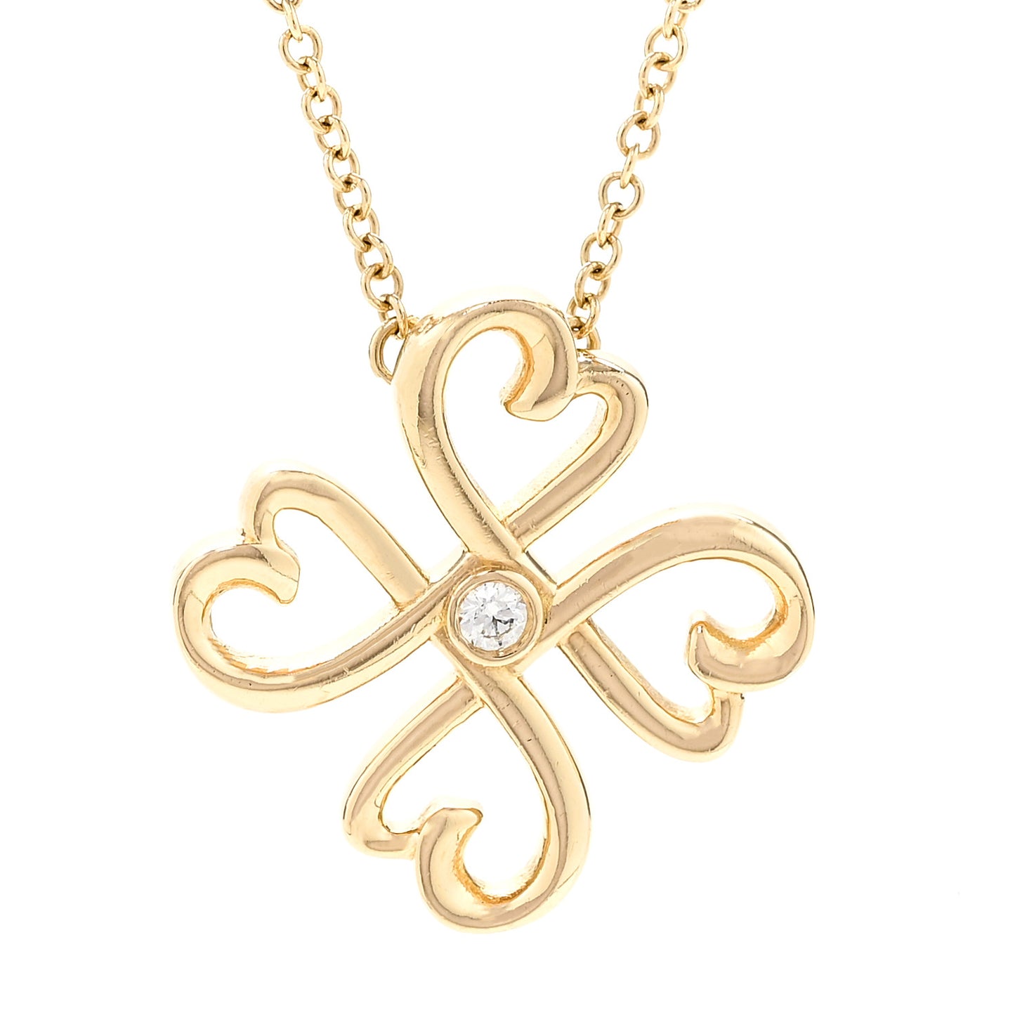 18K Yellow Gold Diamond Loving Heart Clover Pendant Necklace