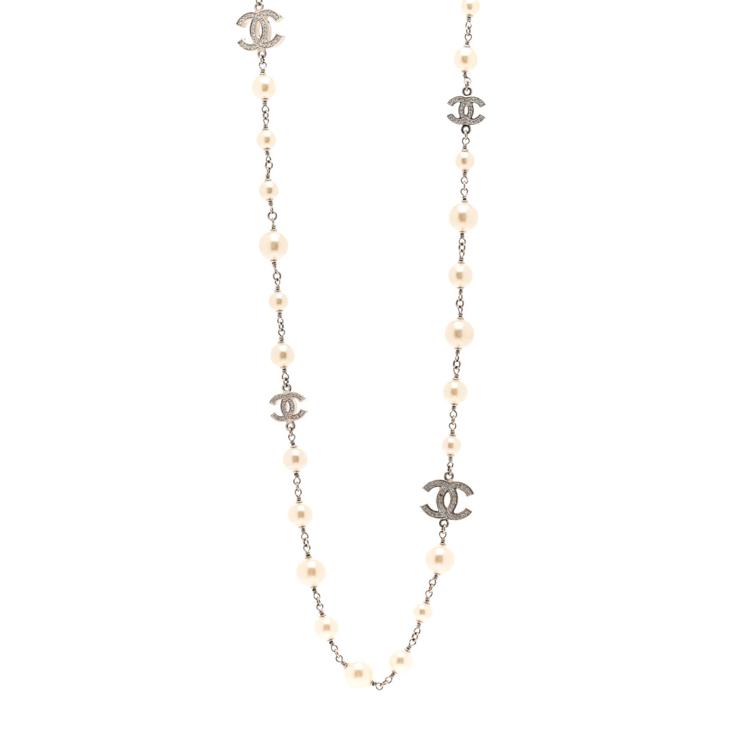 Graduated Pearl Crystal CC Long Necklace Silver