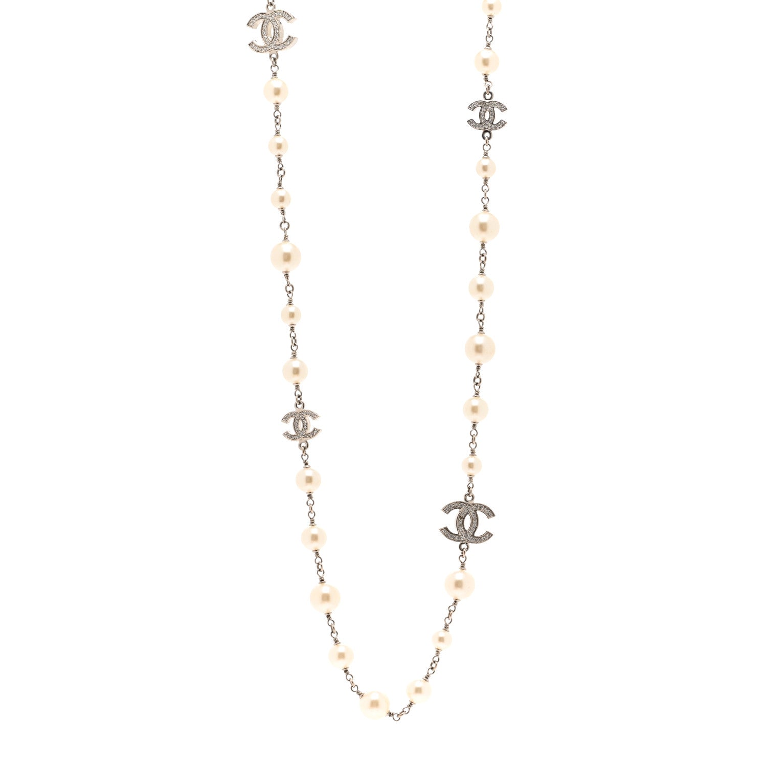 Chanel Graduated Pearl Crystal CC Long Necklace Silver 1 of 6