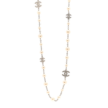 Chanel Graduated Pearl Crystal CC Long Necklace Silver 1 of 6