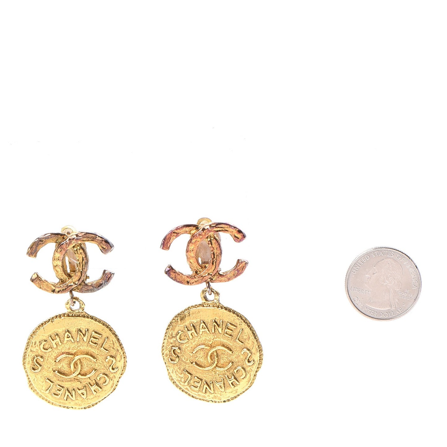 Hammered Medallion CC Dangle Clip On Earrings Gold