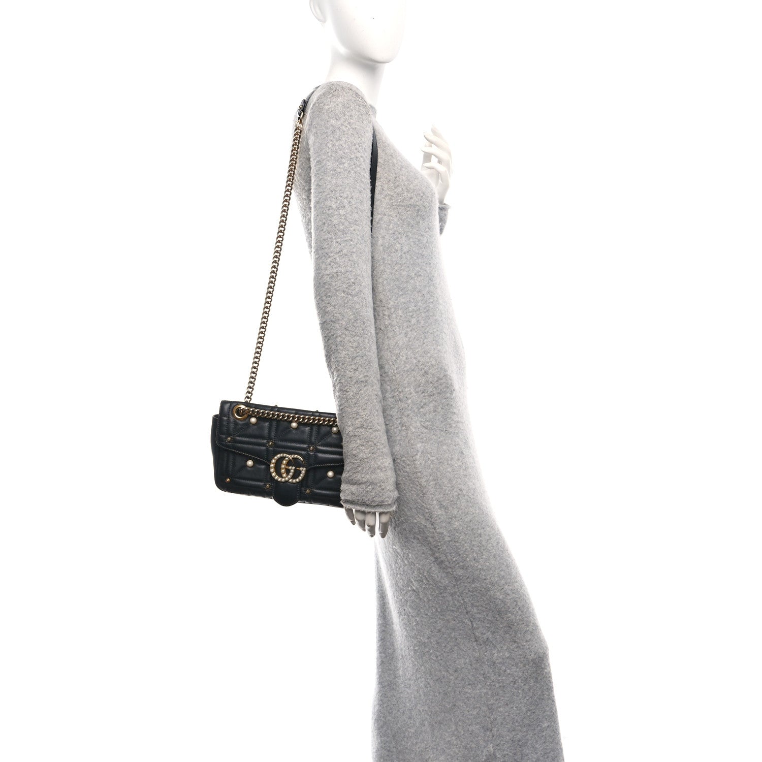 Gucci Calfskin Matelasse Studded Small Pearly GG Marmont Shoulder Bag Black 2 of 11