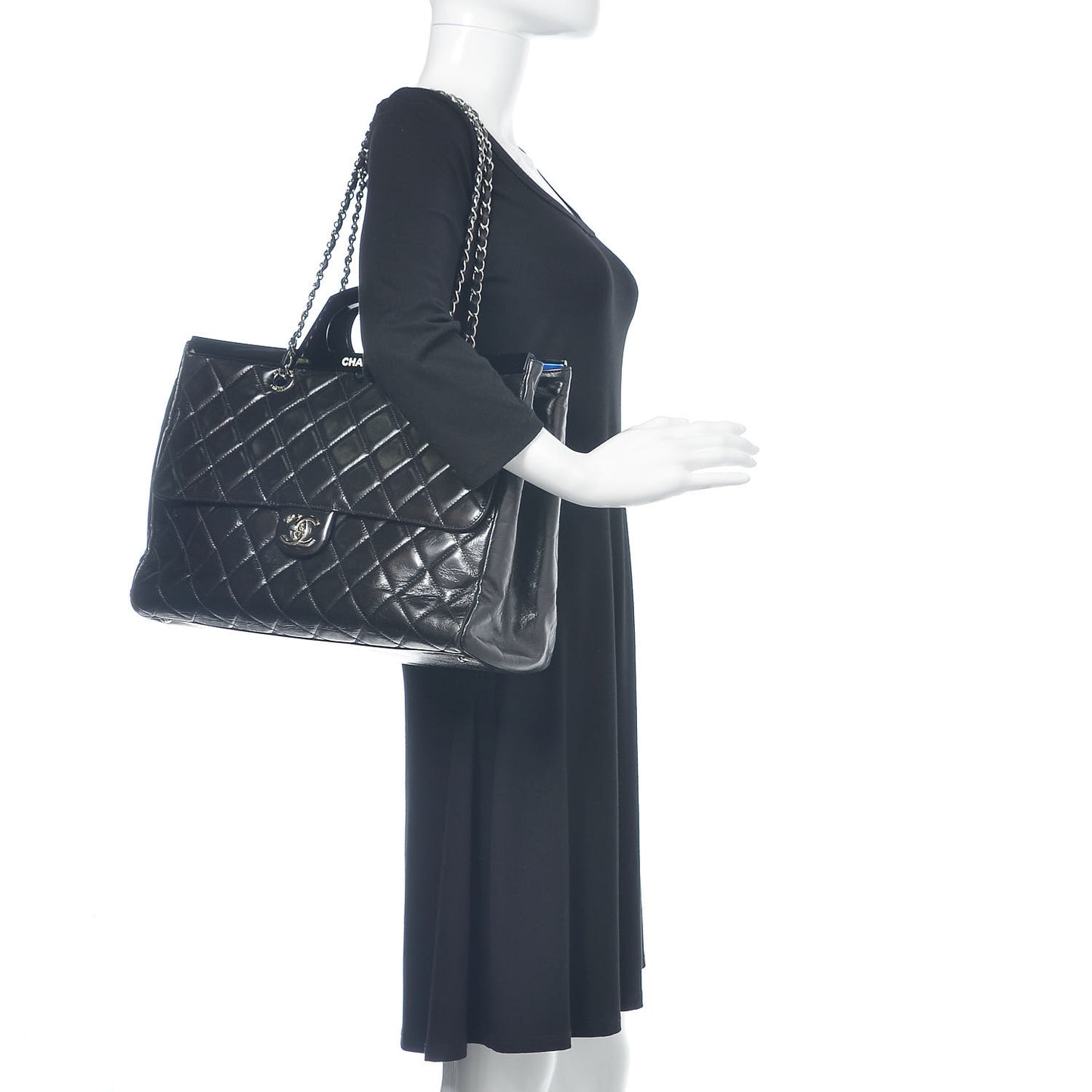 Glazed Calfskin Quilted Large CC Delivery Tote Black