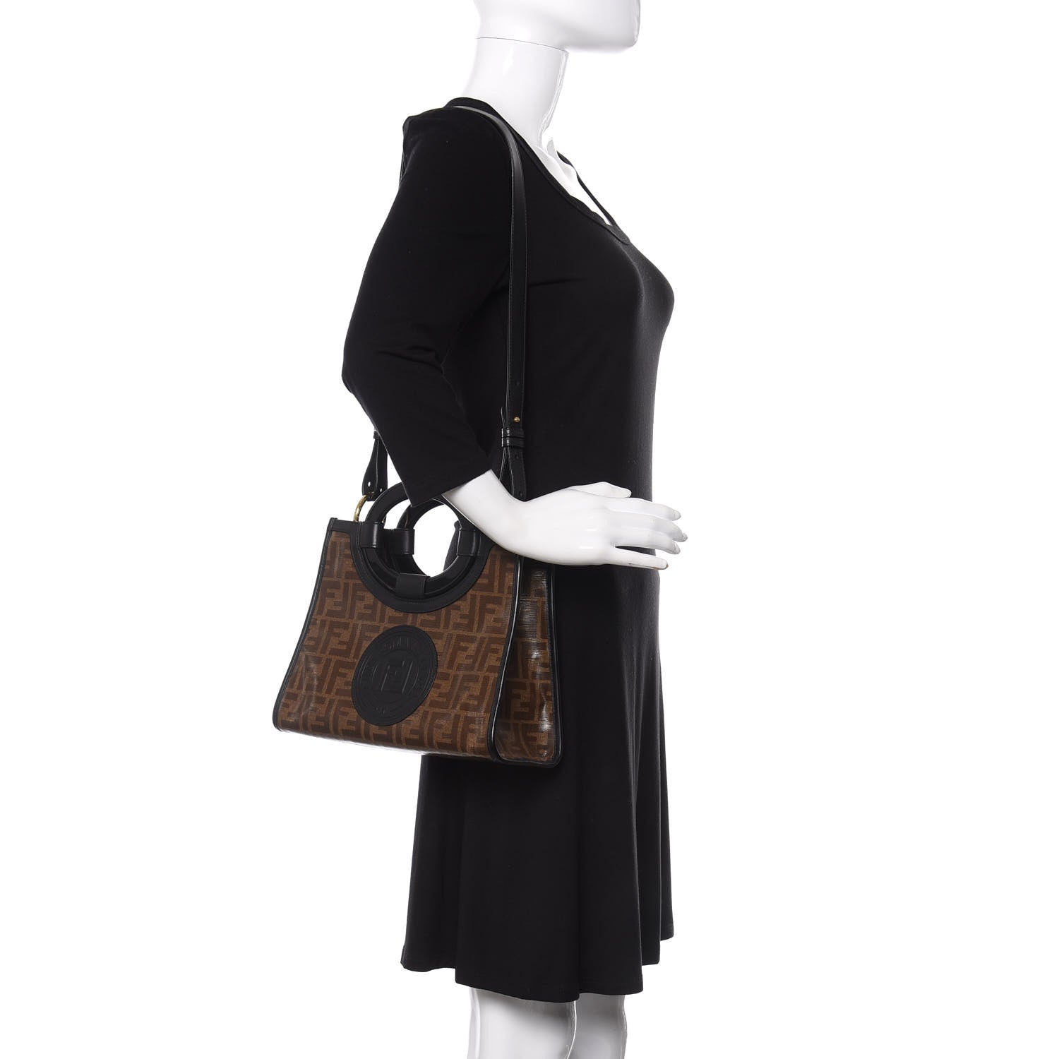 Fendi Glazed Fabric Vitello Century Plexiglass FF 1974 Stamp Patch Small Runaway Shopper Tote Mogano Panna Black 2 of 12