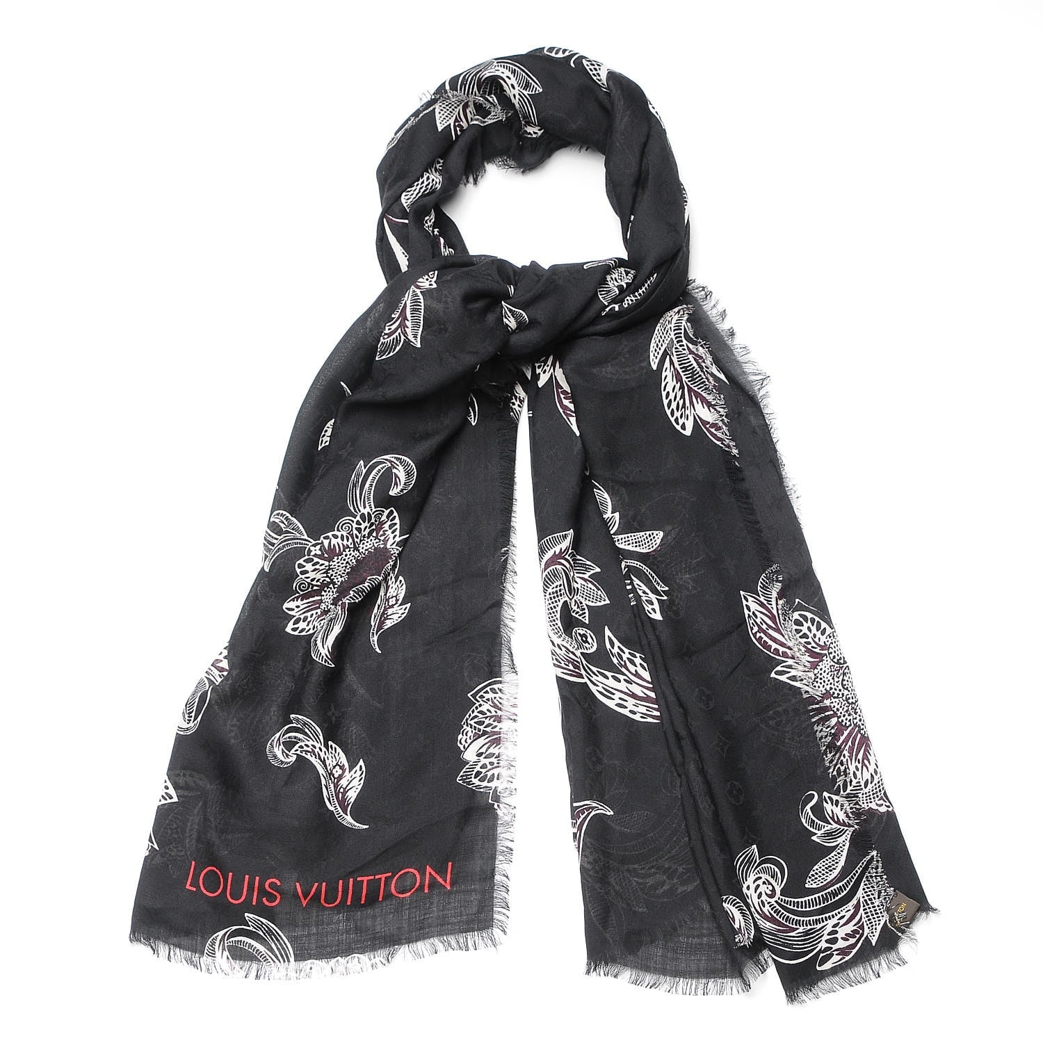 Louis Vuitton Silk Wool Cashmere Macro Indian Flower Stole Black 1 of 6