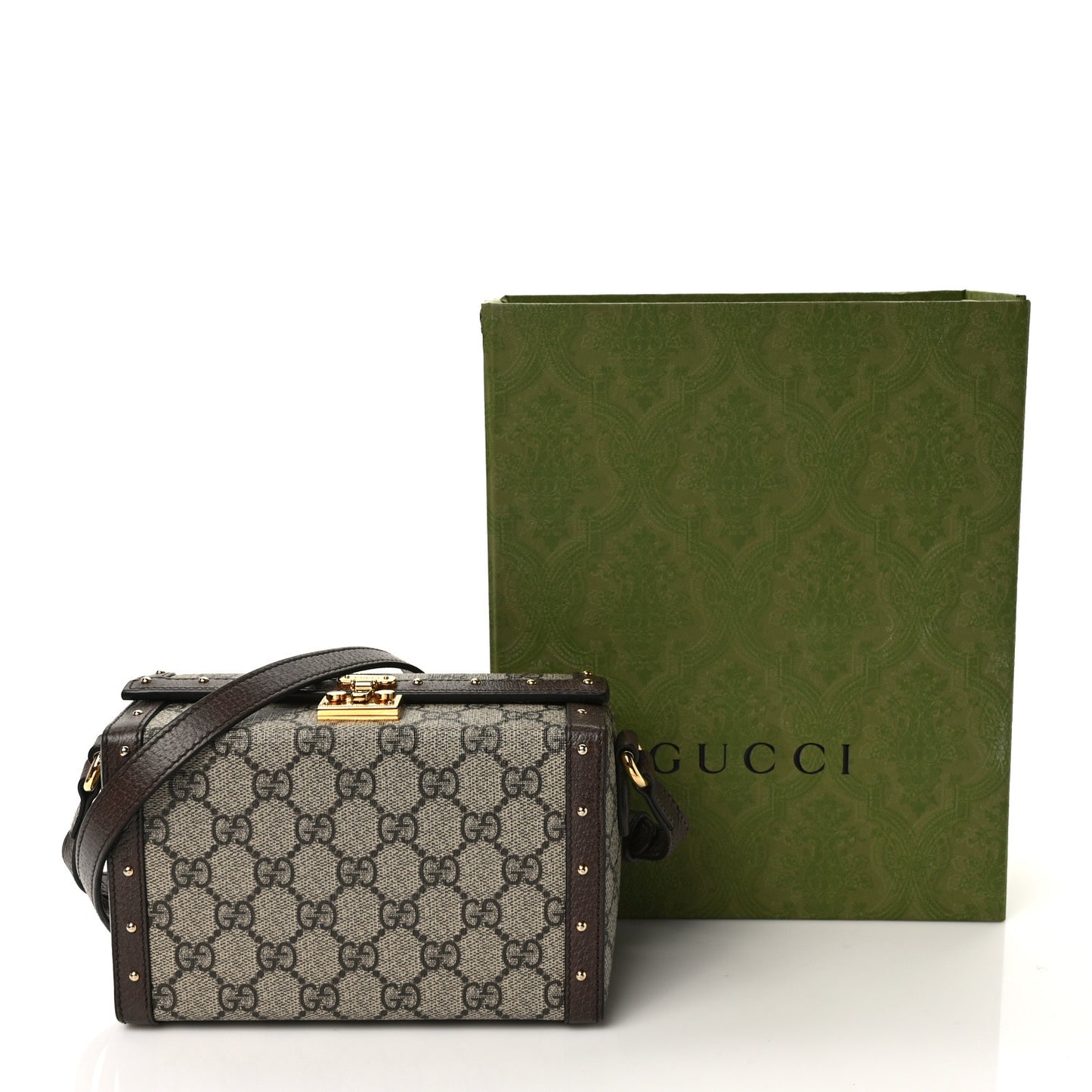 GG Supreme Monogram Textured Dollar Calfskin Mini Trunk Shoulder Bag Beige Ebony New Acero