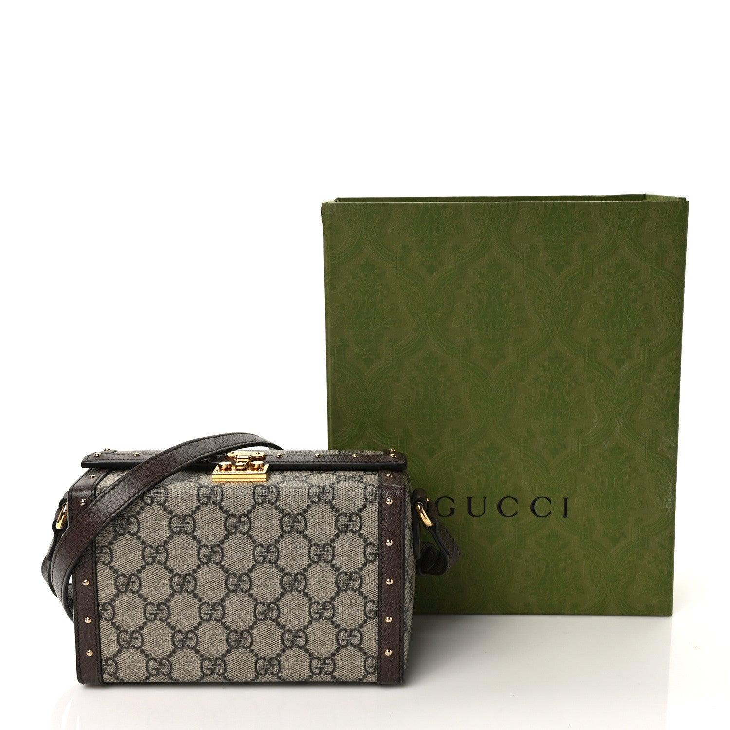 Gucci GG Supreme Monogram Textured Dollar Calfskin Mini Trunk Shoulder Bag Beige Ebony New Acero 9 of 9