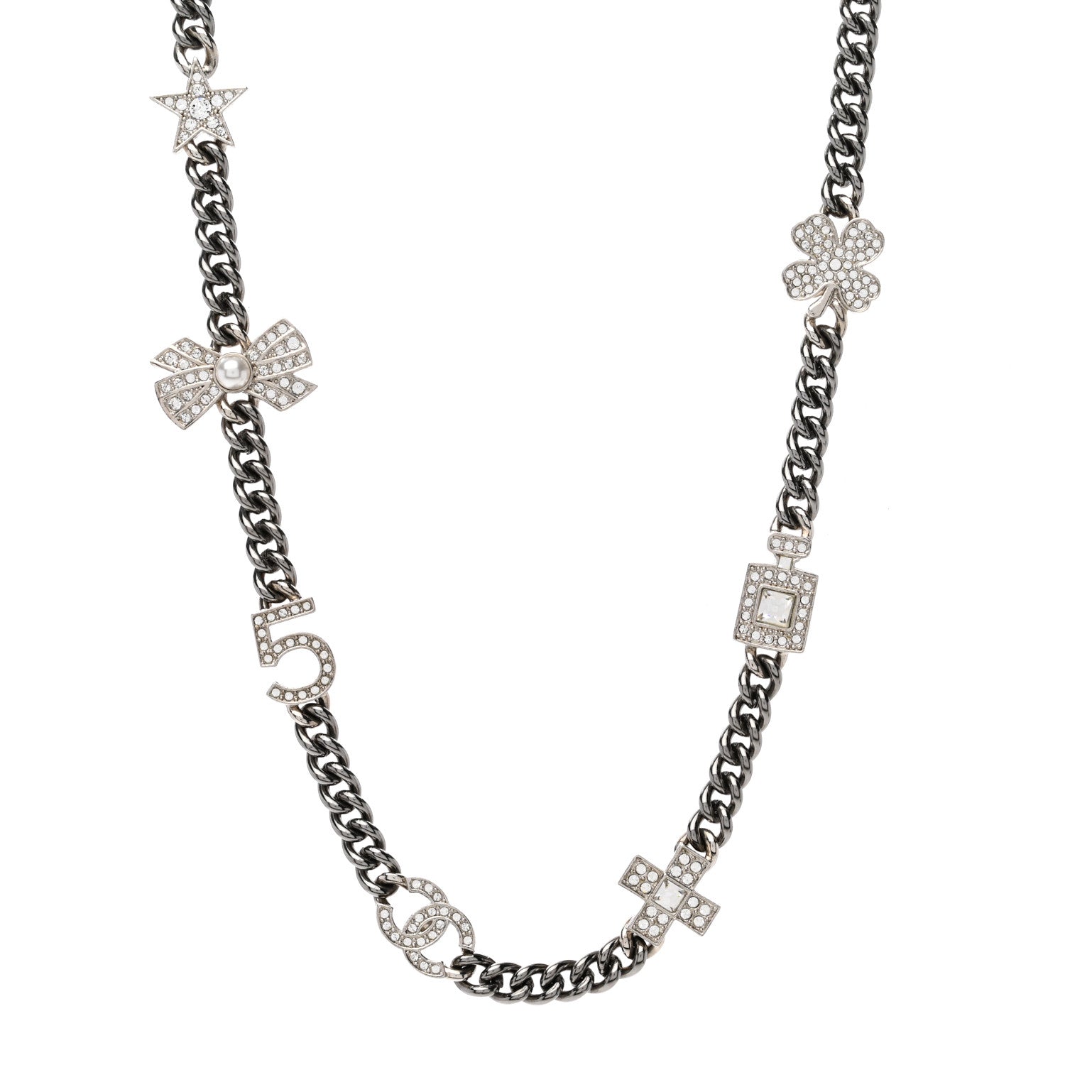 Chanel Ruthenium Crystal Chain CC Lucky Charms Choker Silver 1 of 4