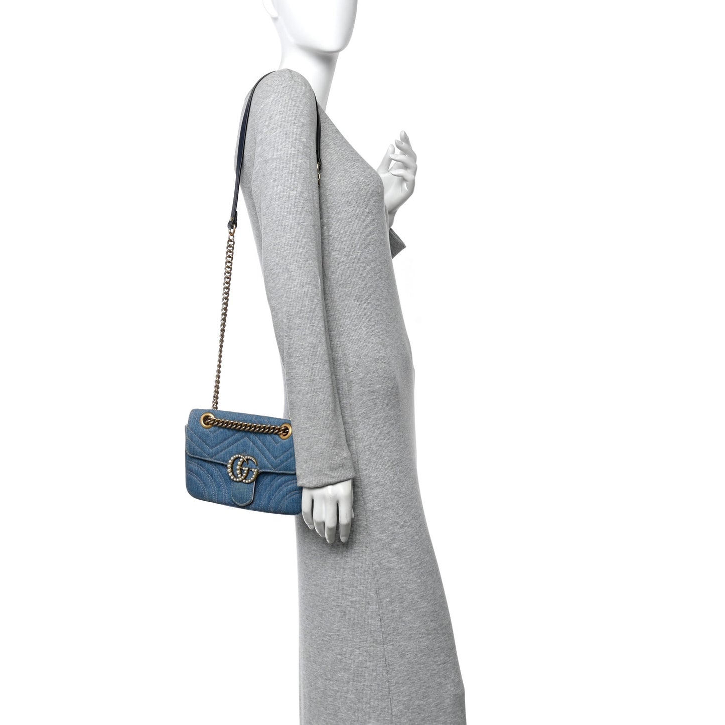 Denim Matelasse Mini Pearly GG Marmont Shoulder Bag Blue