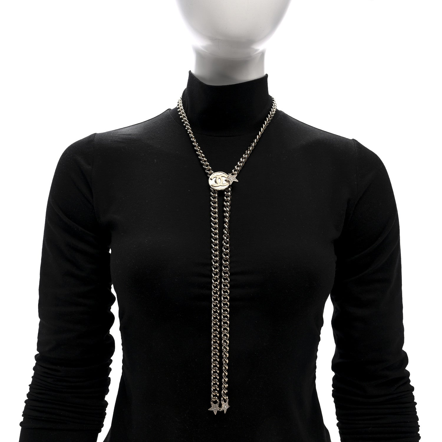 Chanel Metal Crystal Textured CC Star Chain Link Necklace Gold 2 of 5