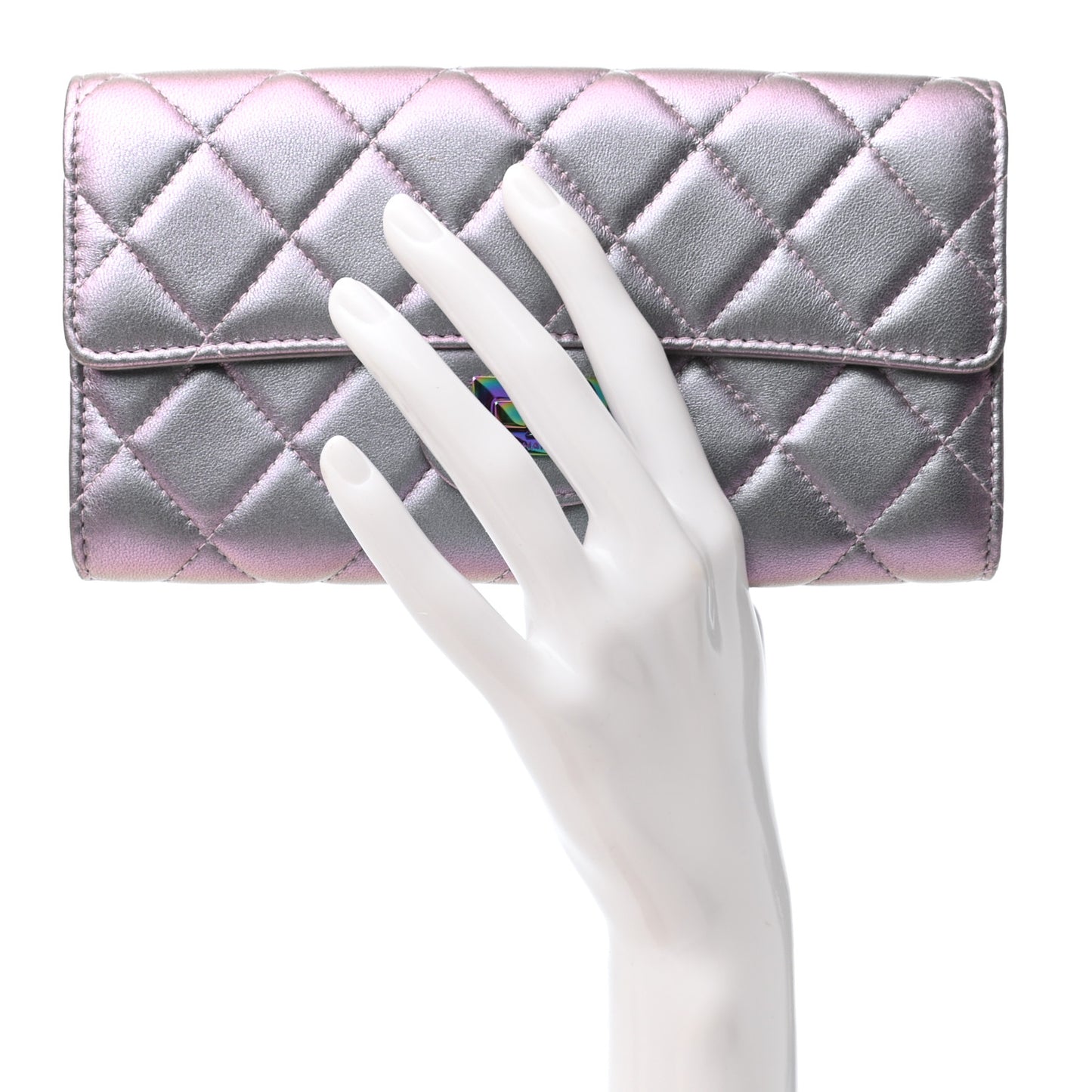Iridescent Lambskin Quilted Reissue Large Gusset Flap Wallet Light Purple