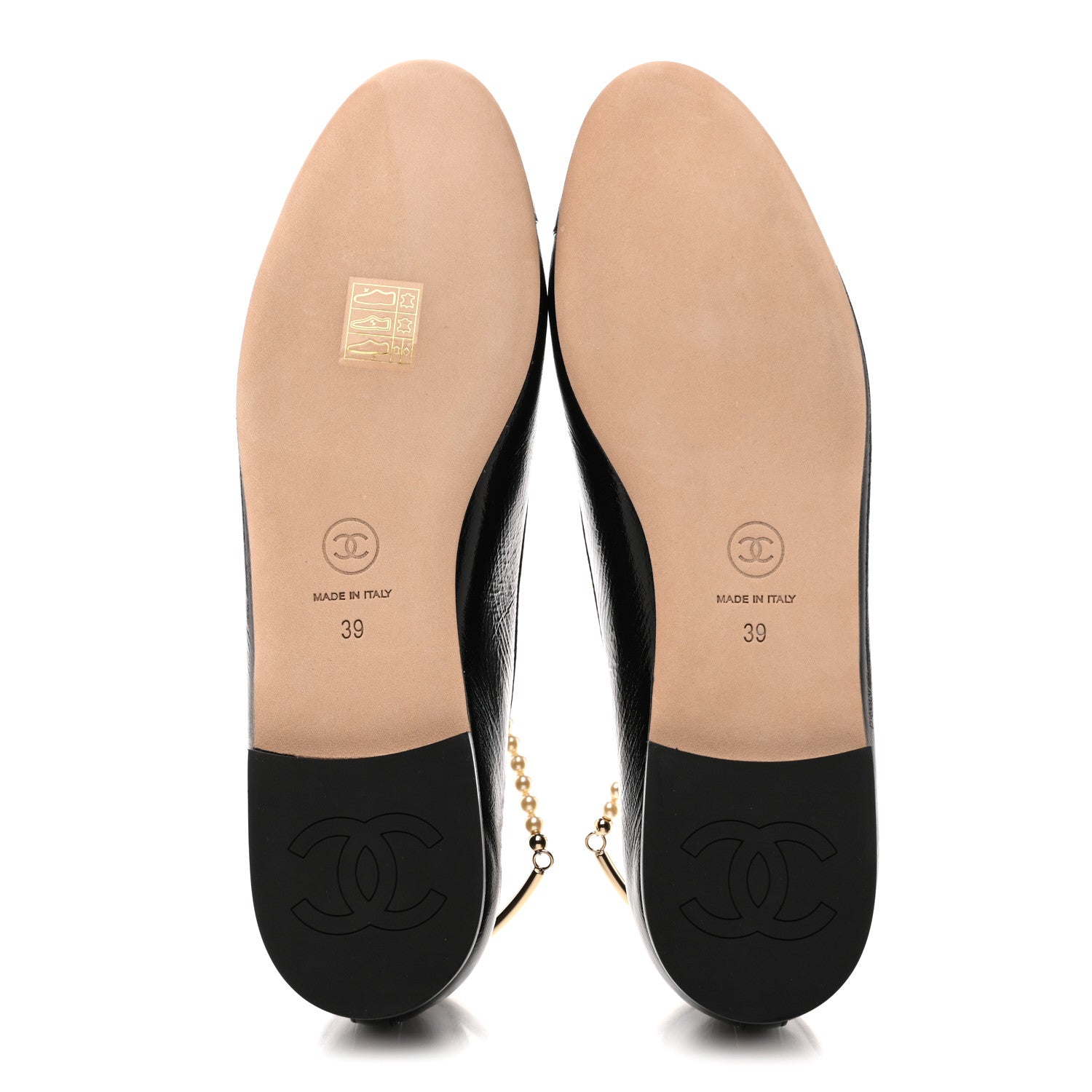 Chanel Shiny Lambskin Pearl Cap Toe Ankle Chain Ballerina Flats 39