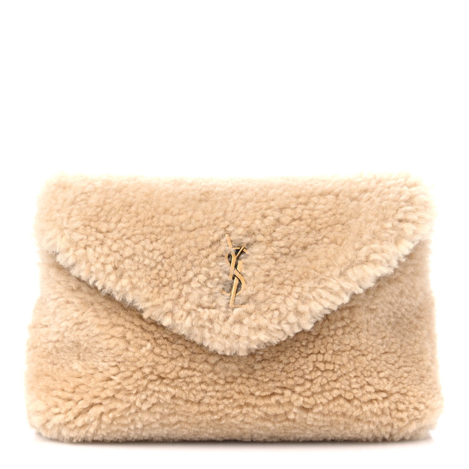 Saint Laurent Shearling Quilted Monogram Loulou Puffer Pouch Clutch Natural Beige Brick 1 of 10