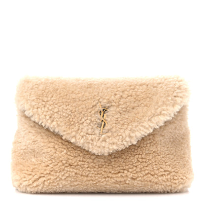 Saint Laurent Shearling Quilted Monogram Loulou Puffer Pouch Clutch Natural Beige Brick 1 of 10