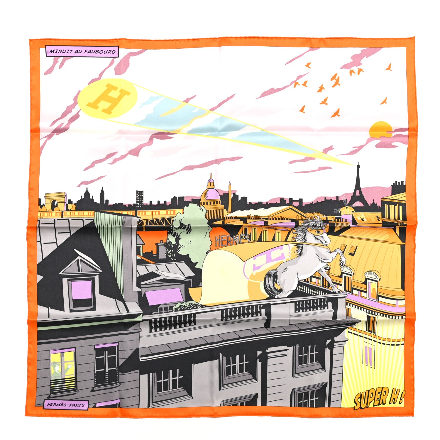 Hermes Silk Minuit Au Faubourg Scarf 70 Orange Gris Jaune 1 of 7