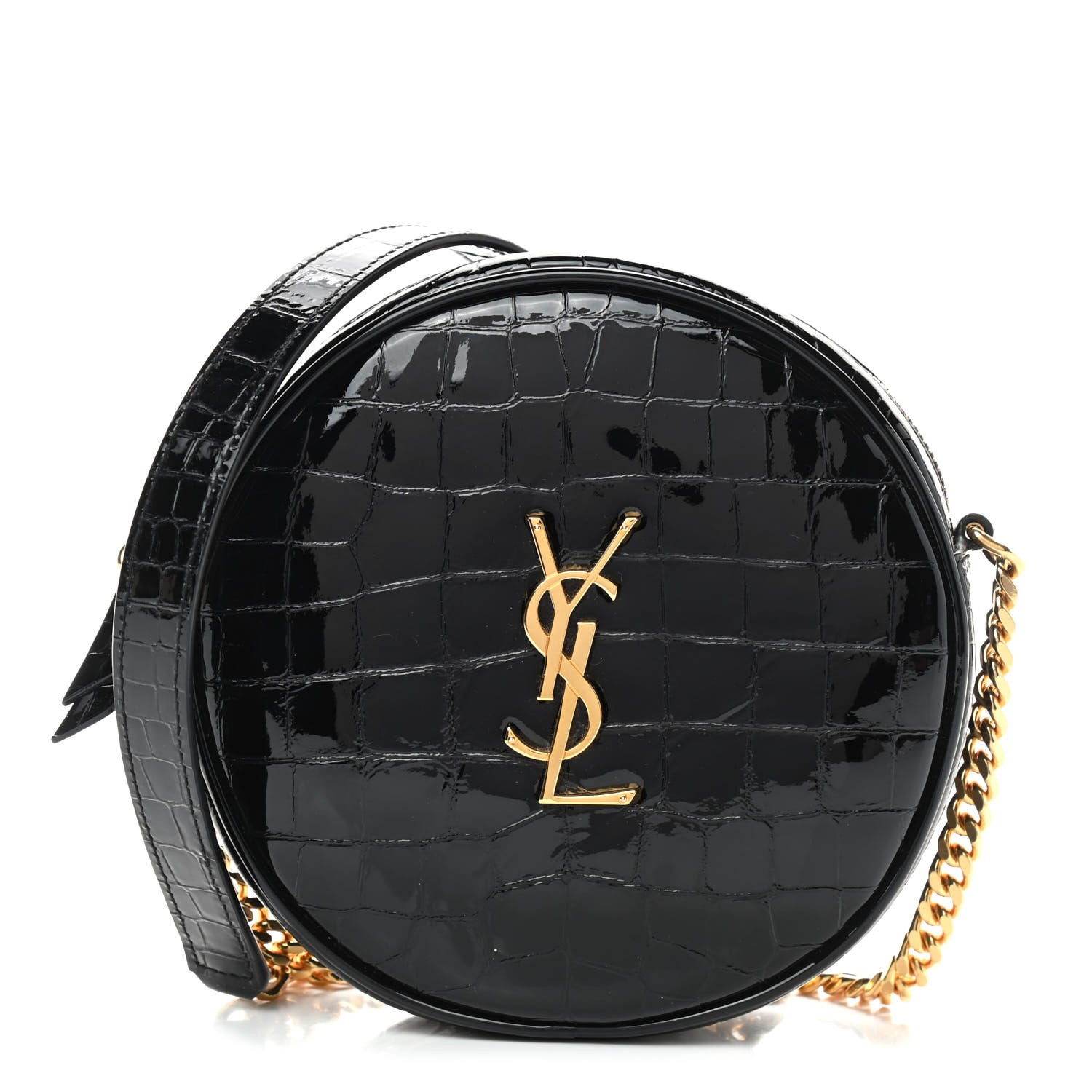 Saint Laurent Patent Crocodile Embossed Round Vinyle Camera Bag Black 1 of 7