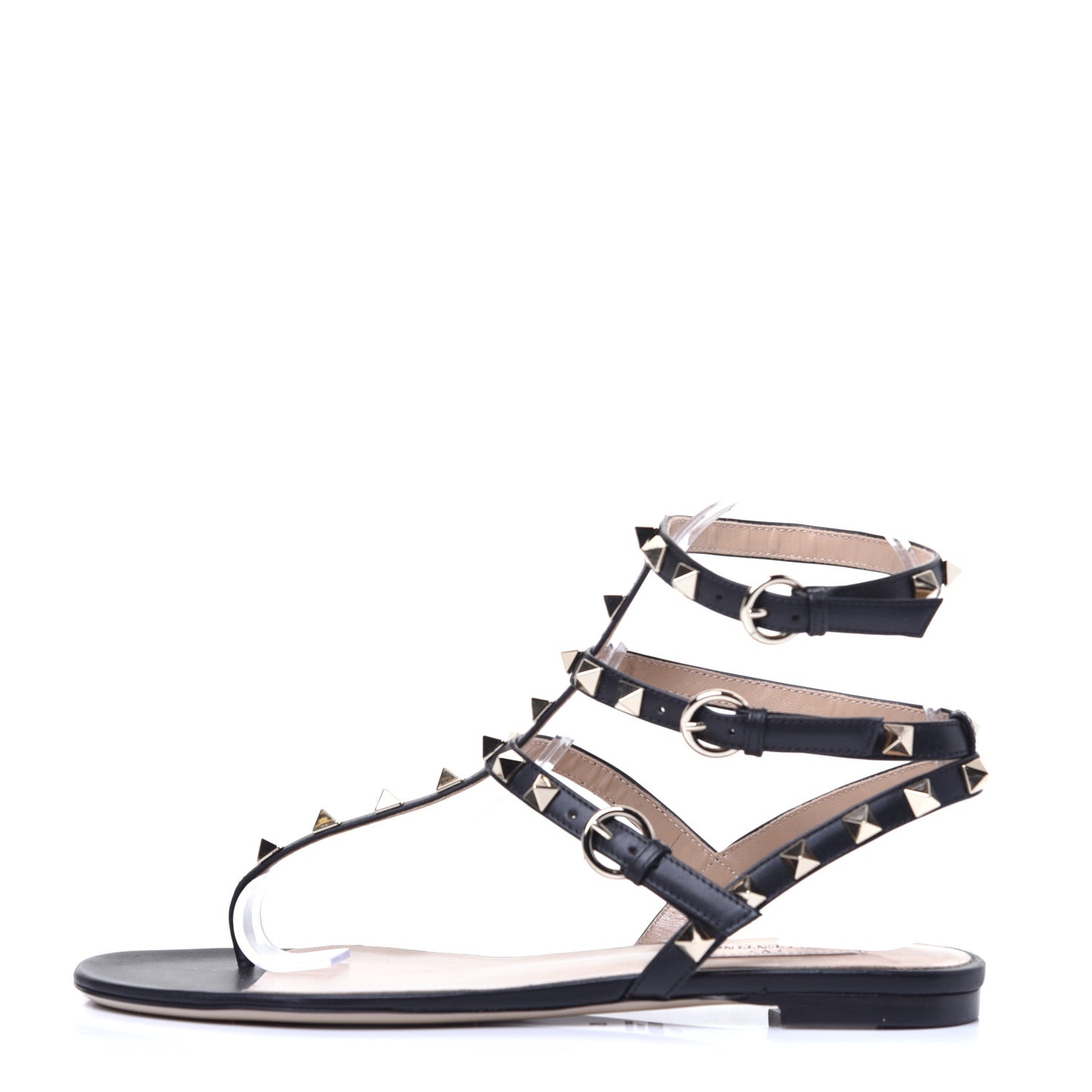 Calfskin Rockstud Ankle Wrap Flat Thong Sandals 37 Black