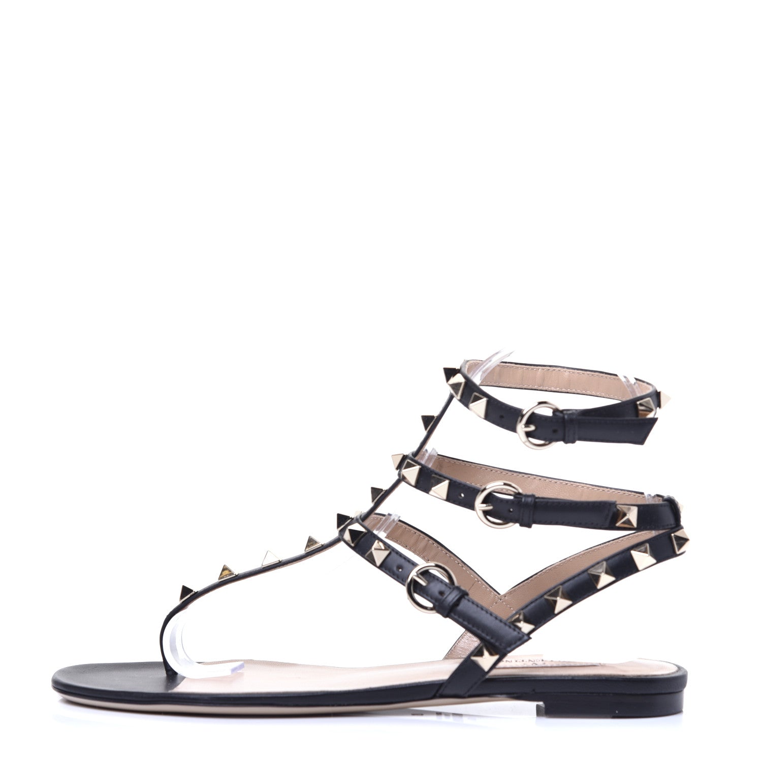 Valentino Garavani Calfskin Rockstud Ankle Wrap Flat Thong Sandals 37 Black 1 of 8