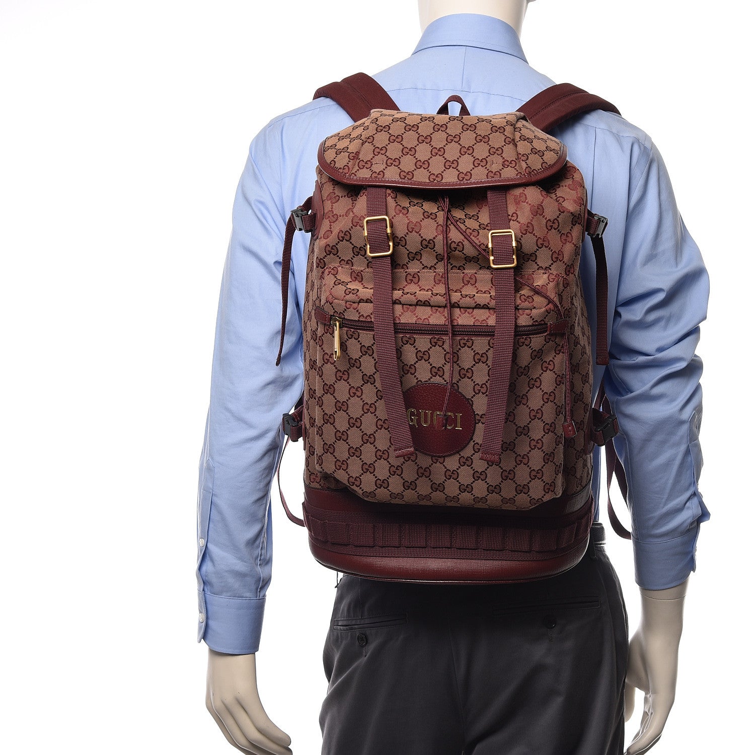 Gucci GG Monogram Script Logo Large Double Pocket Backpack Sahara Rubino Bordeaux 2 of 10