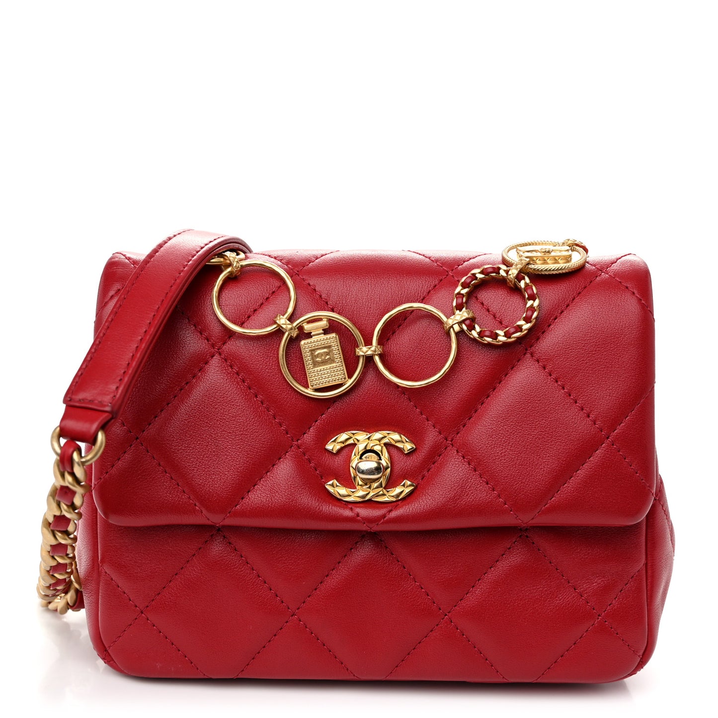Calfskin Quilted Mini Charms Flap Red