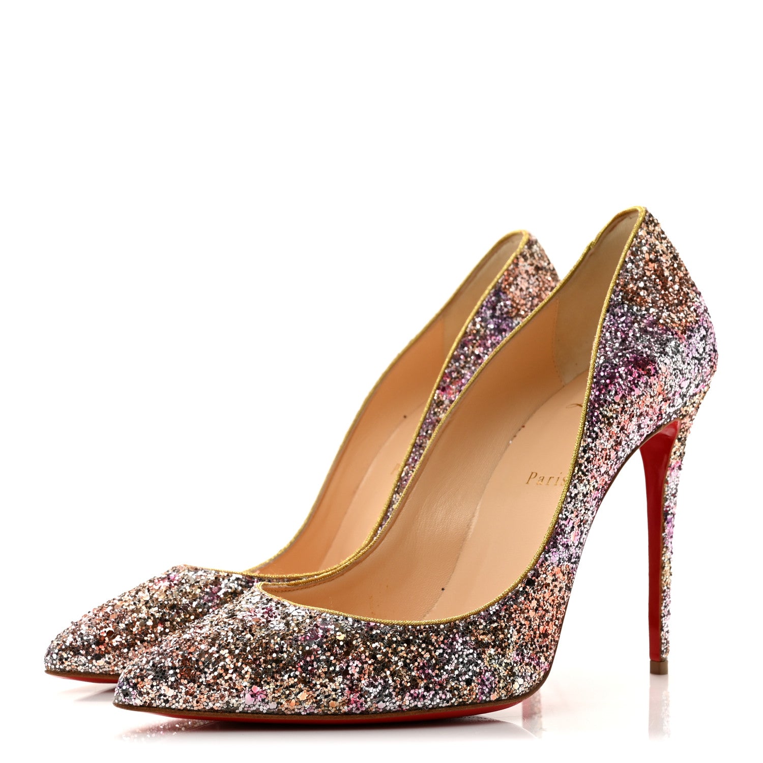 Christian Louboutin Glitter Aqua Ruban Met Pigalle Follies 100 Pumps 41 Rosette Gold 4 of 9