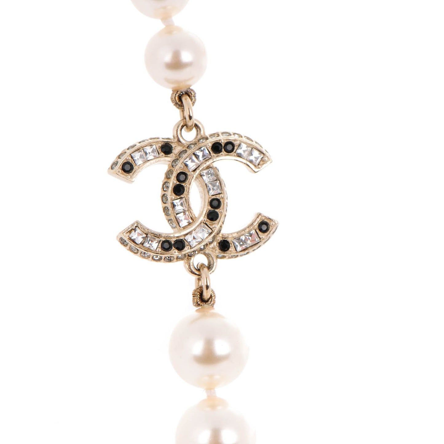 Graduated Pearl Crystal CC Long Necklace Black Gold