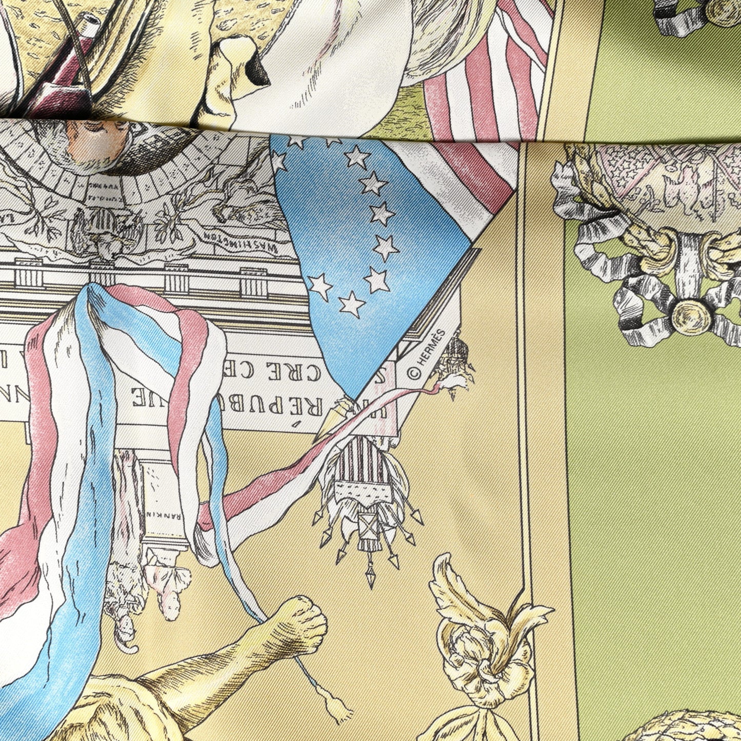 Silk Marquis De Lafayette Scarf 90 Vert Amande Tilleul Sable