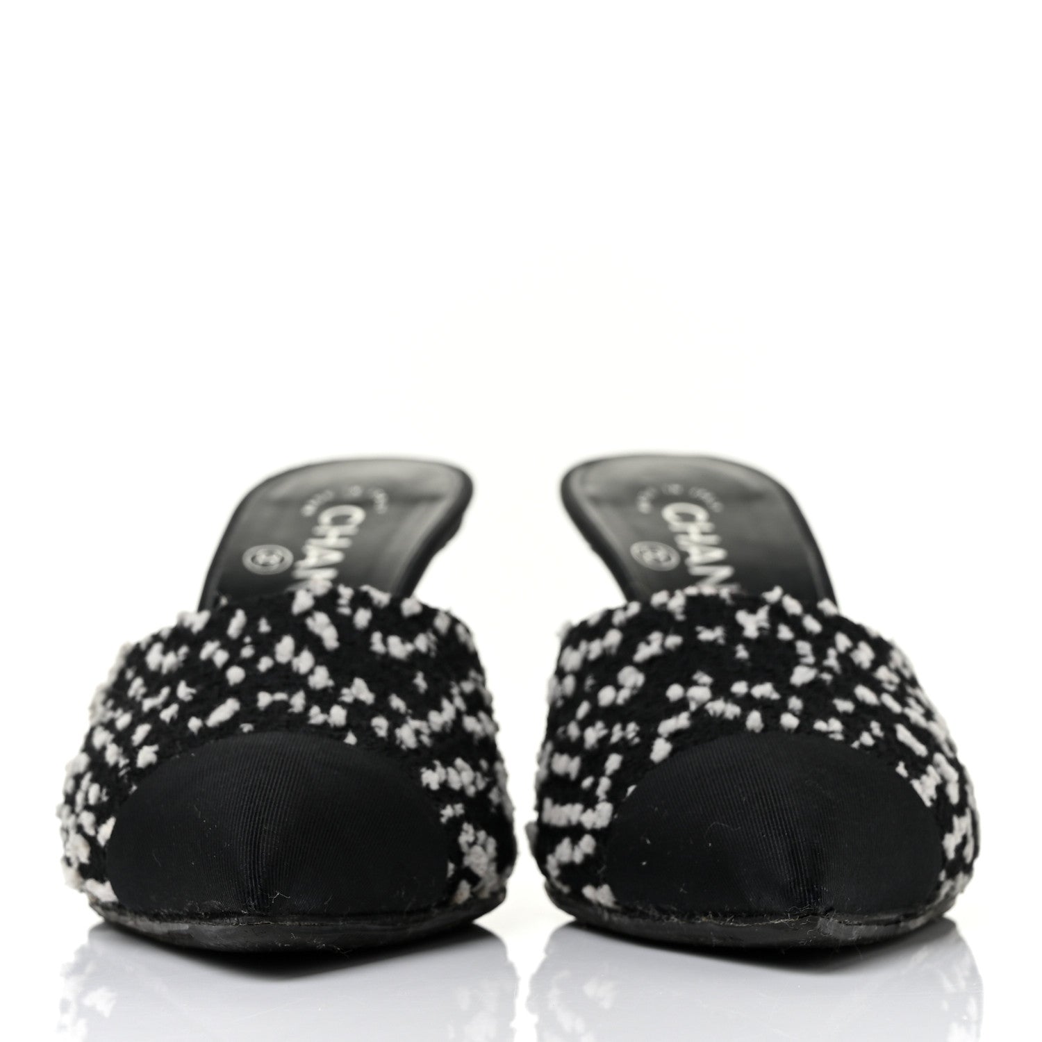Chanel Tweed Grosgrain Pearl Mules 37 Black White 2 of 10