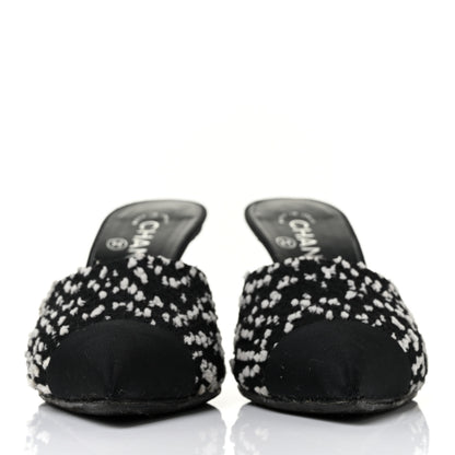 Chanel Tweed Grosgrain Pearl Mules 37 Black White 2 of 10