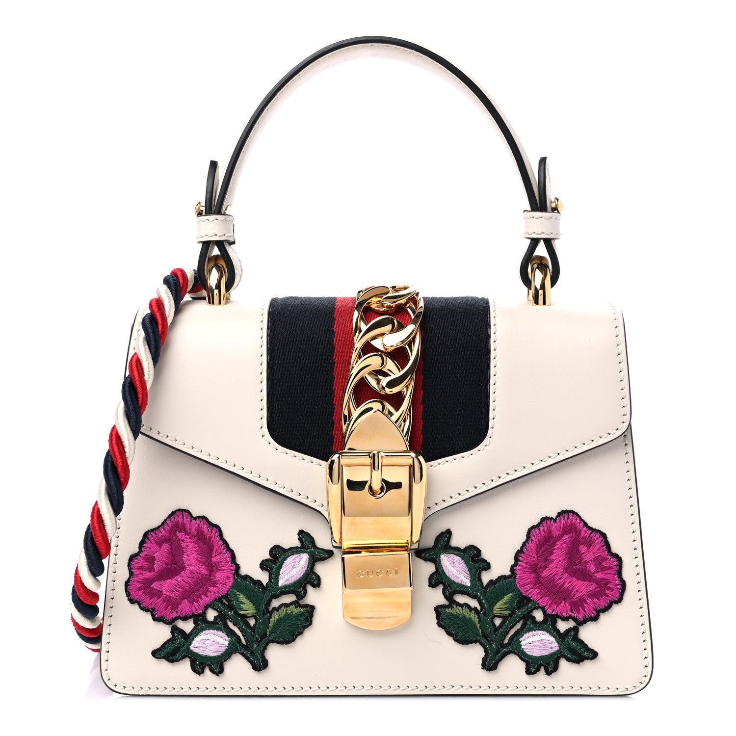 Gucci Calfskin Embroidered Mini Sylvie Top Handle Bag White 1 of 10