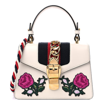 Gucci Calfskin Embroidered Mini Sylvie Top Handle Bag White 1 of 10