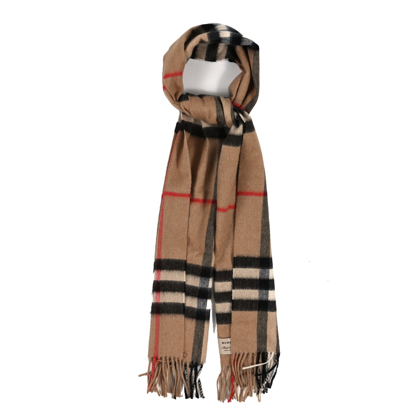 Cashmere Giant Check Fringe Scarf Camel