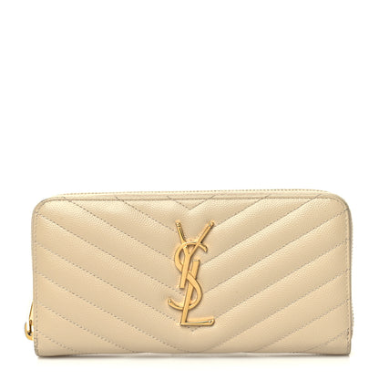 Saint Laurent Grain De Poudre Matelasse Chevron Monogram Zip Around Wallet Dark Beige 1 of 13