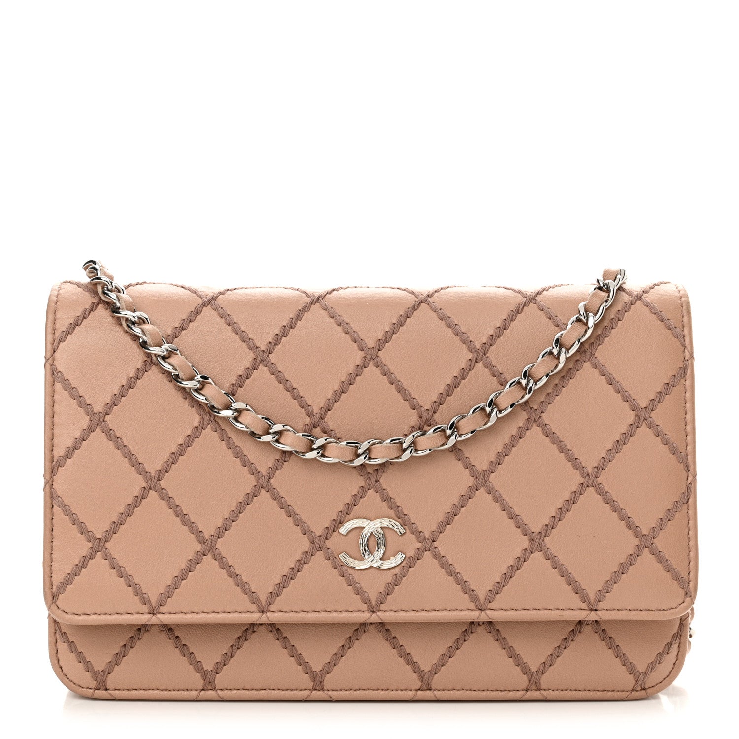 Chanel Calfskin Diamond Stitch Wallet On Chain WOC Beige 1 of 12