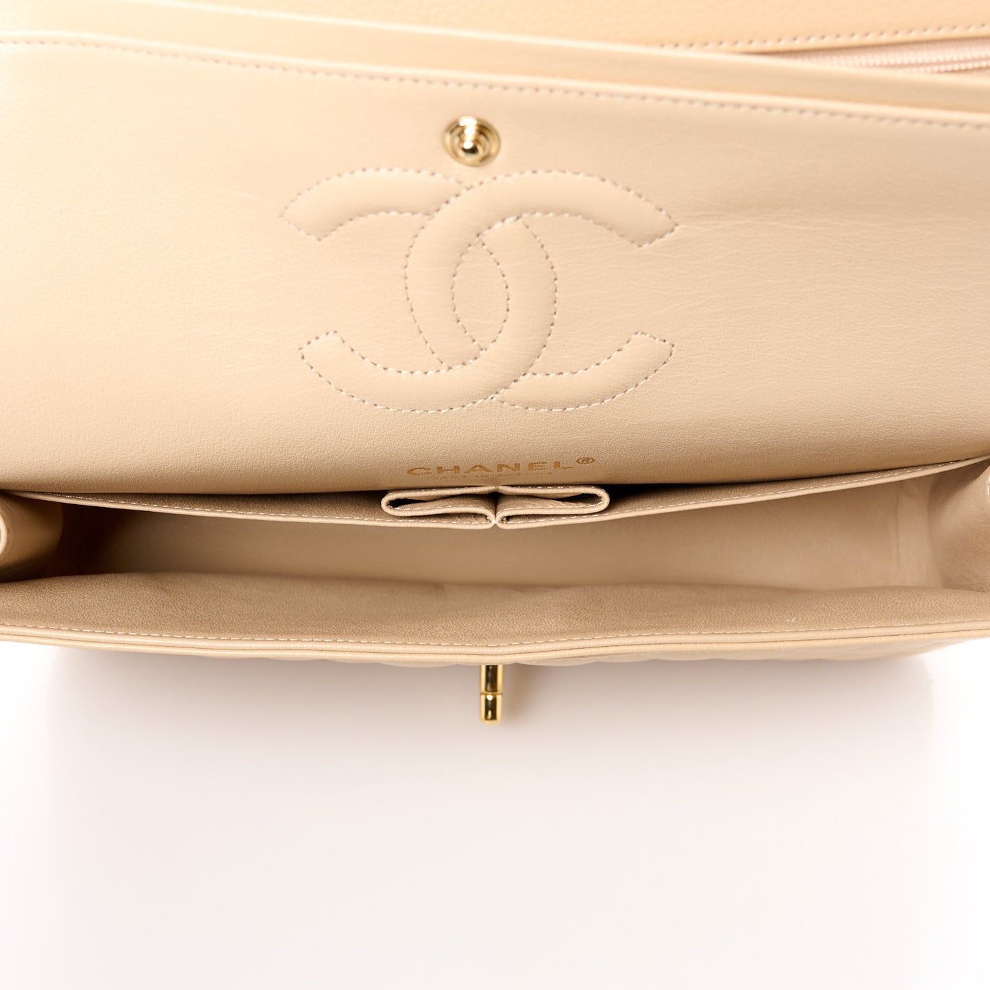 Caviar Quilted Medium Double Flap Beige