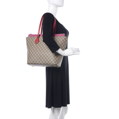 Gucci GG Supreme Monogram Medium Zippered Bucket Tote Beige Hibiscus Red New Rosette 2 of 12