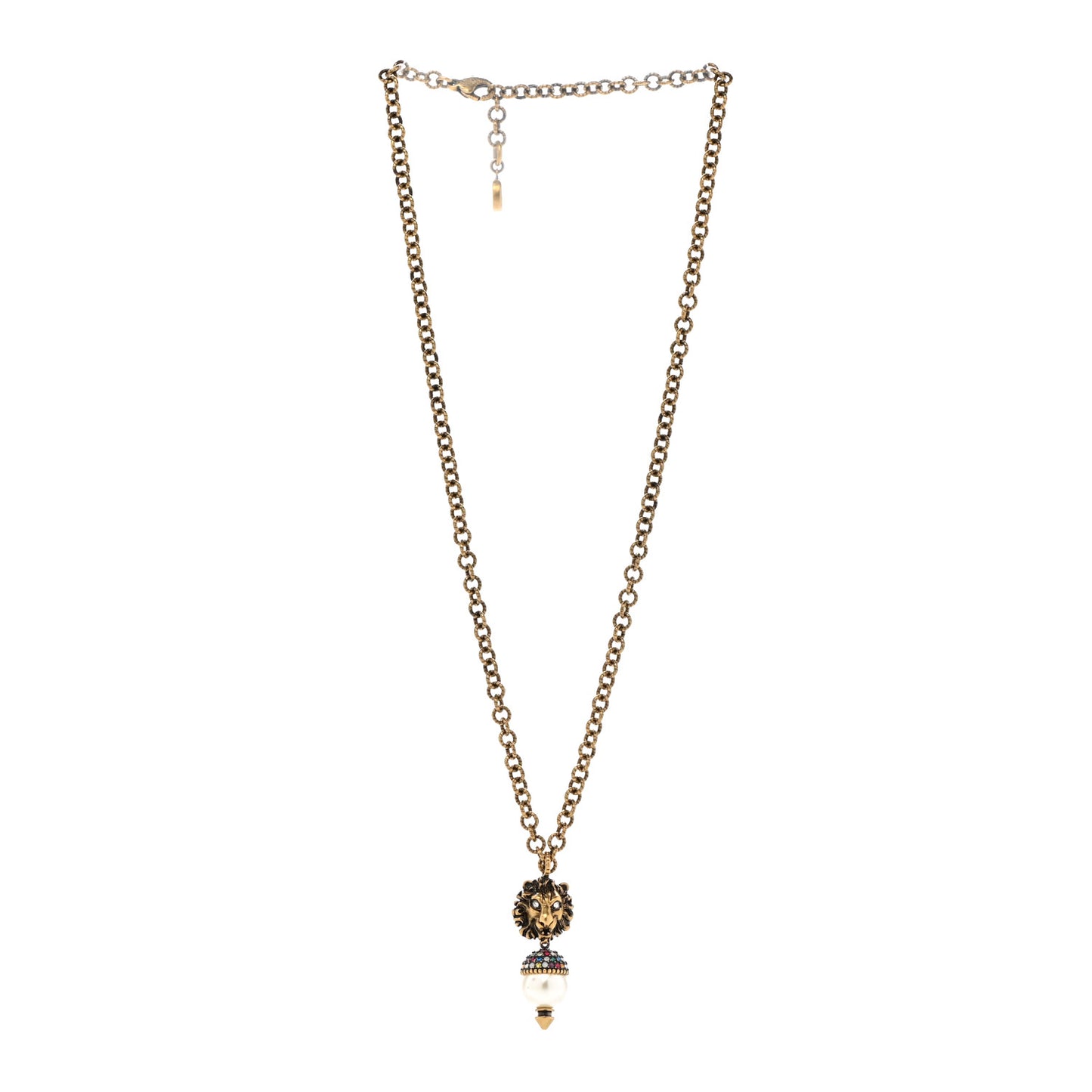 Metal Crystal Pearl Lion Head Necklace Aged Gold