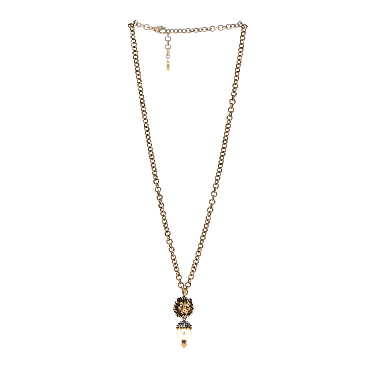 Gucci Metal Crystal Pearl Lion Head Necklace Aged Gold 3 of 7