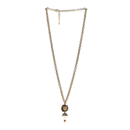 Gucci Metal Crystal Pearl Lion Head Necklace Aged Gold 3 of 7