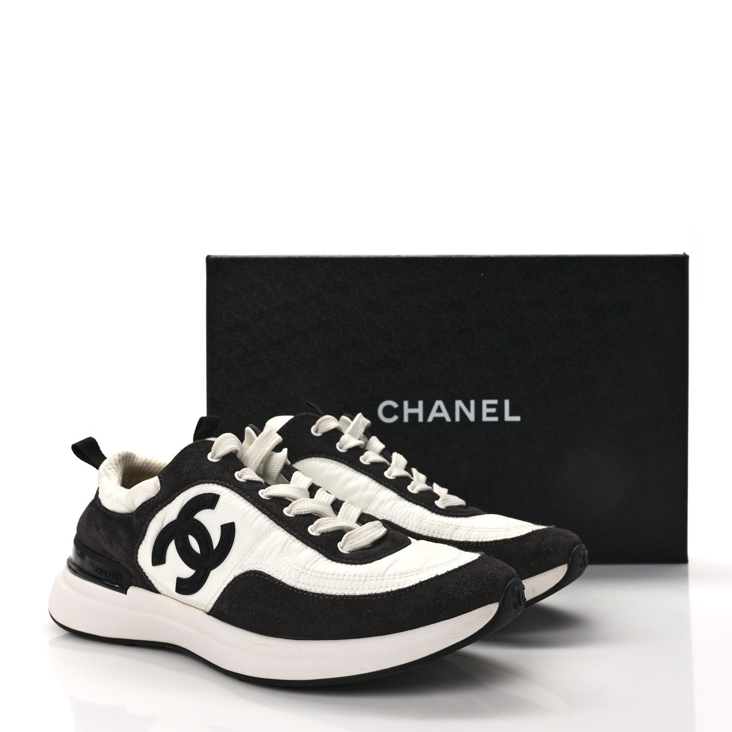Chanel Nylon Suede Calfskin CC Sneakers 39.5 White Dark Grey 10 of 10