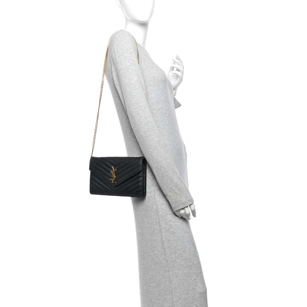 Saint Laurent Grain De Poudre Matelasse Chevron Monogram Chain Wallet Black 2 of 13