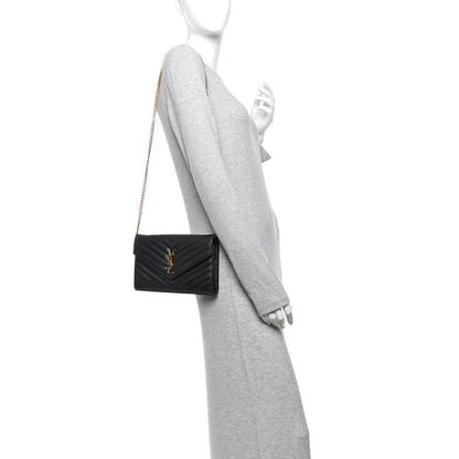 Saint Laurent Grain De Poudre Matelasse Chevron Monogram Chain Wallet Black 2 of 13