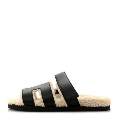 Hermes Calfskin Woolskin Womens Chypre Sandals 40 Black Ecru 1 of 10