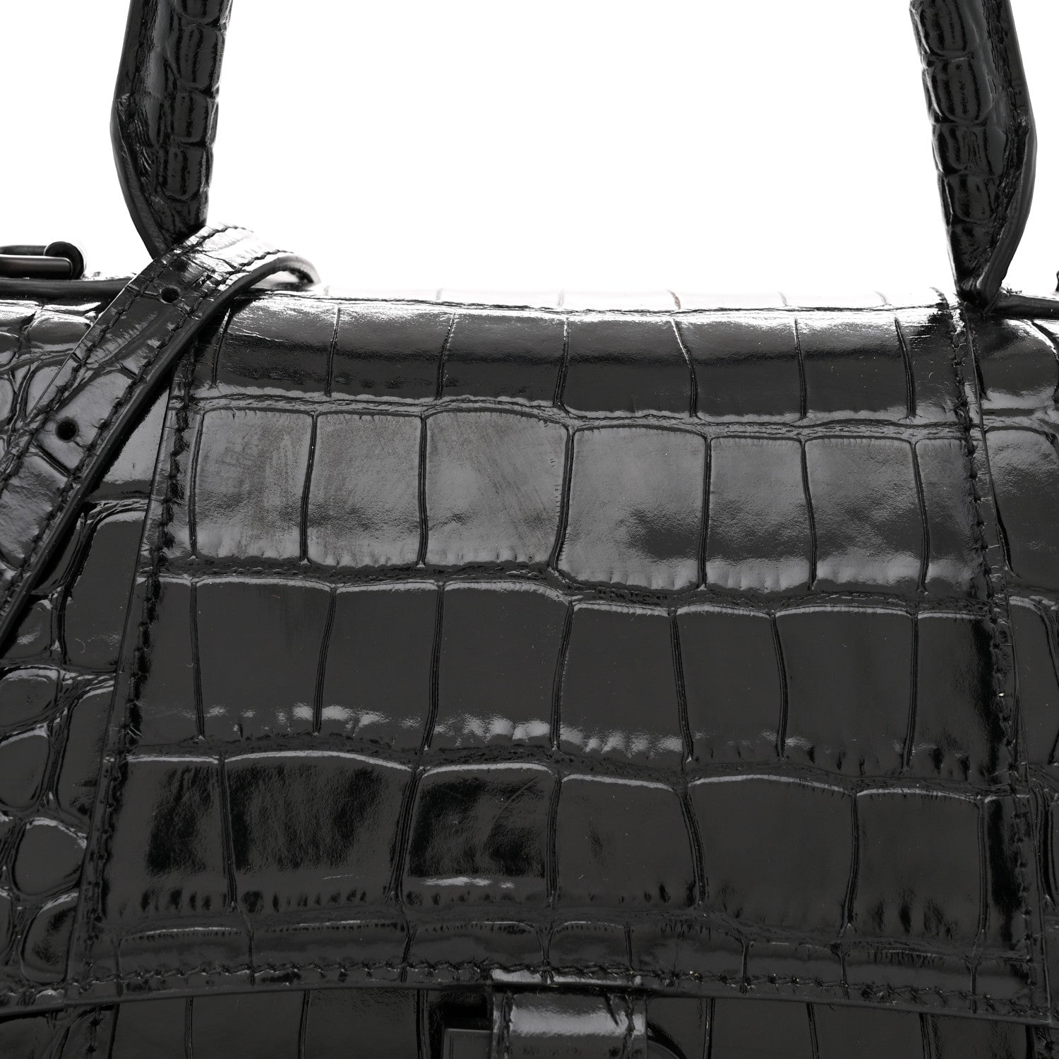Balenciaga Shiny Calfskin Monochrome Crocodile Embossed Small Hourglass Top Handle Bag Black 8 of 11