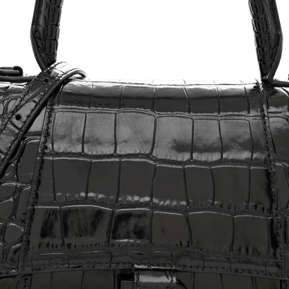 Balenciaga Shiny Calfskin Monochrome Crocodile Embossed Small Hourglass Top Handle Bag Black 8 of 11