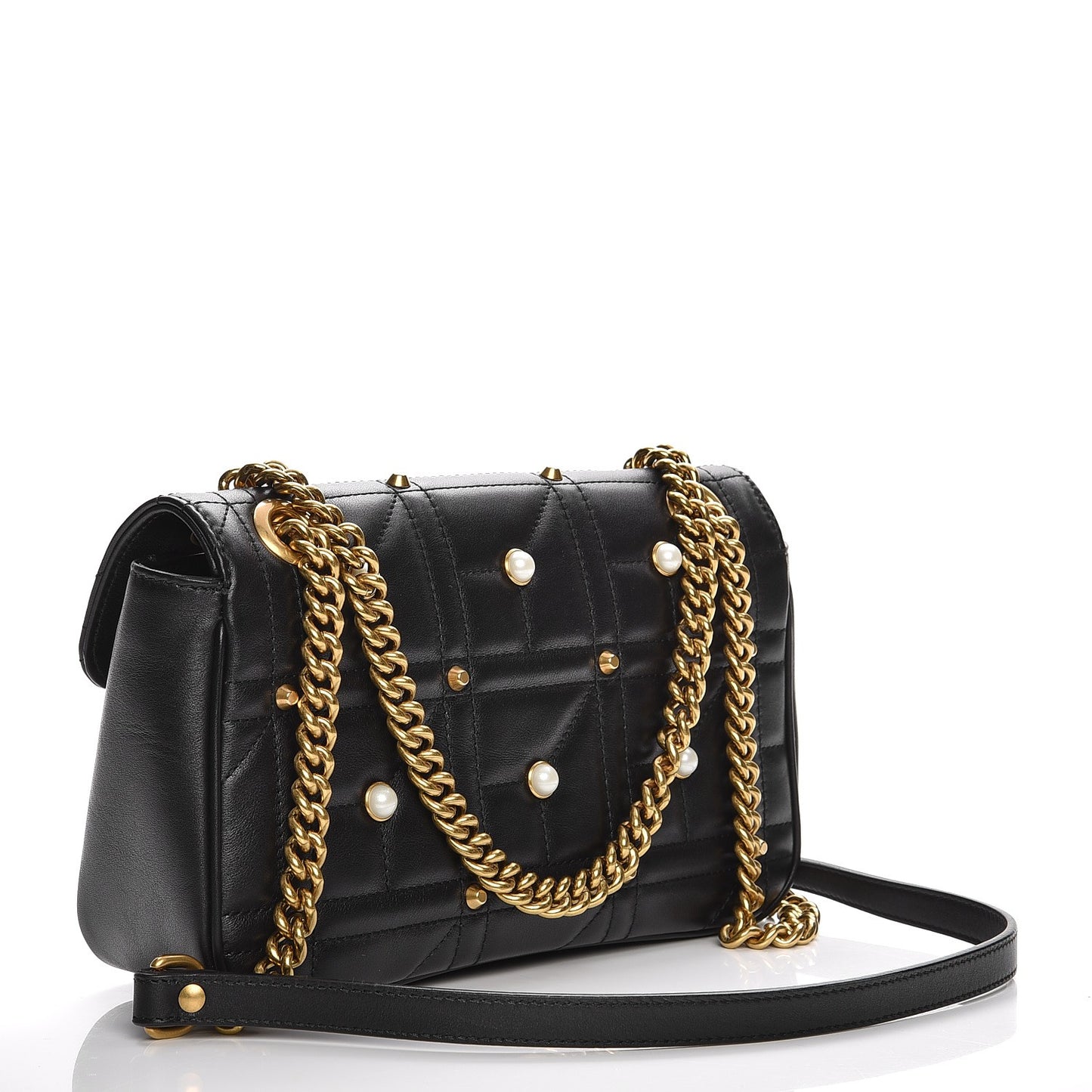 Calfskin Matelasse Studded Small Pearly GG Marmont Shoulder Bag Black