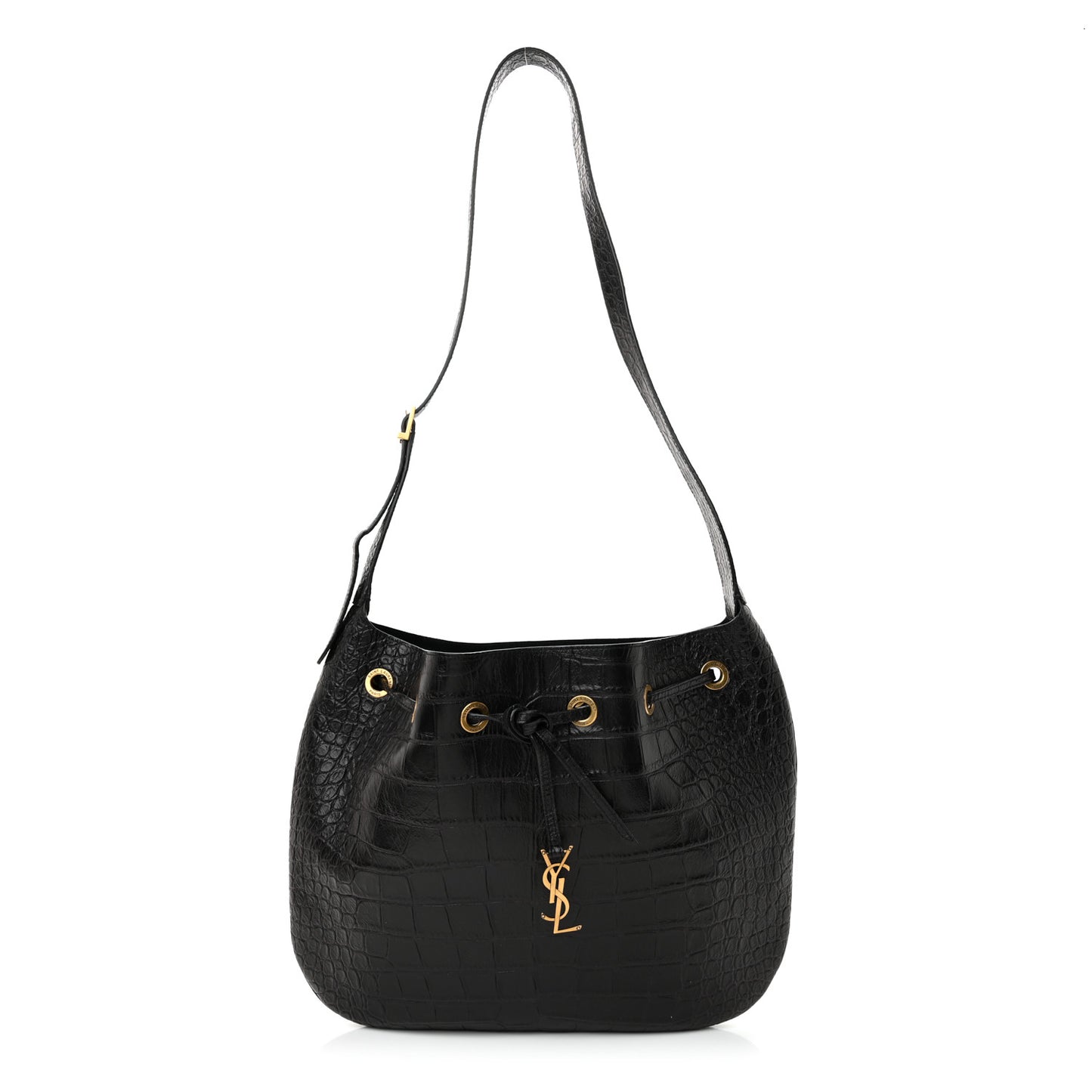 Calfskin Crocodile Embossed Paris VII Large Flat Hobo Black