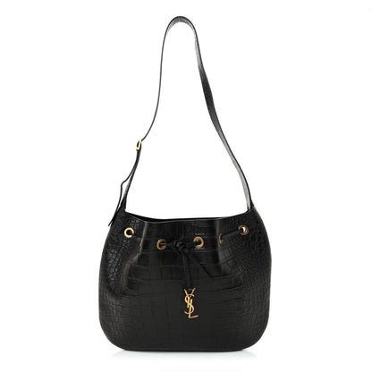 Saint Laurent Calfskin Crocodile Embossed Paris VII Large Flat Hobo Black 1 of 11
